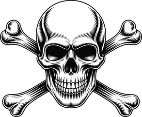 Skull and crossbones illustration, vintage engraving style, horror design, pirate symbol, gothic artwork, tattoo vector, danger warning graphic
