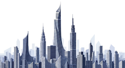 Modern city skyline with tall skyscrapers and architectural designs against a clear sky.