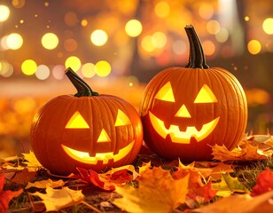 Fototapeta premium Two jack-o'-lanterns in autumn leaves