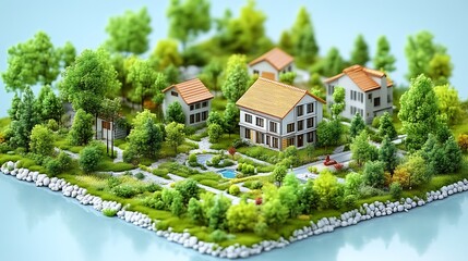 Miniature model of a charming, green residential neighborhood, nestled amidst lush greenery and water