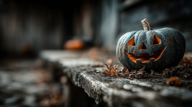 Carved pumpkin with a smiling face sits on weathered steps outdoors.