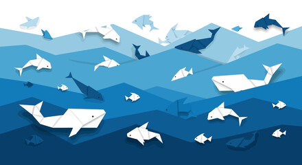 Origami Whales and Dolphins Swimming in a Blue Ocean.