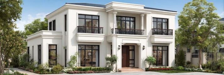 Fototapeta premium Modern Two-Story House With Beautiful Landscaping and Bright Windows on a Sunny Day in a Residential Area