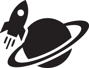 Space Travel Rocket Orbiting Ringed Planet Silhouettes Vector