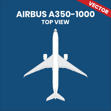 Line drawings of Airbus A350-1000 aircraft top view with two jet engine 