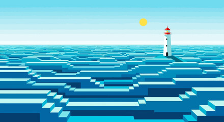 Pixelated Lighthouse Guiding Ships Through Blocky Ocean Waves.