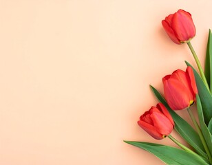 Peach background with three red tulips in the bottom right corner