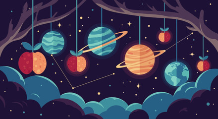 Planets and apples hanging from tree branches in a whimsical night sky.