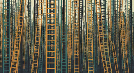 Numerous ladders standing upright creating a dense, vertical pattern.