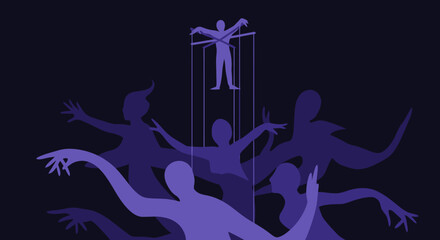 Puppet master controlling figures with strings manipulation concept.