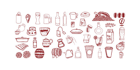 Set of food and drink themed line web icons including burger, donut, pizza, coffee, and ice cream for restaurant, fast food branding, UI design and infographics