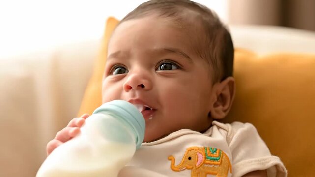 Adorable indian baby joyfully drinking milk from bottle capturing innocent moments of infancy and daily nourishment