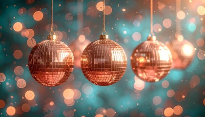 Shiny copper ornaments on teal bokeh background