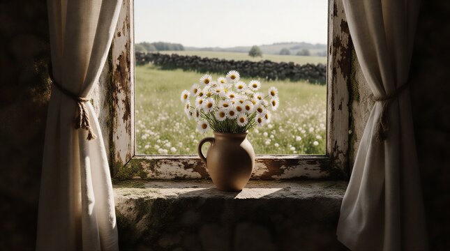 rustic window frame with cotton curtains and vase of vibrant wildflowers | cottagecore, countryside, relaxation, nature, decor theme