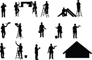 Construction worker silhouettes, ladder tools, painting, hammering, house building, maintenance tasks, roof work, labor, architecture, repair