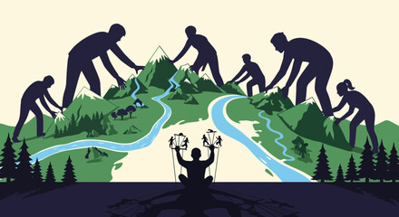 Silhouettes of people shaping a landscape with rivers and mountains.