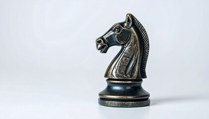 Chess piece a black knight statuette against a white background, closeup studio shot