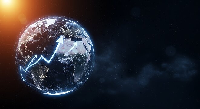 Global business growth concept with a glowing arrow graph over a digital planet Earth at night.