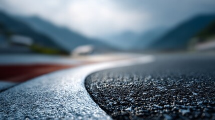 A close-up view of a winding, wet racetrack, showcasing the smooth asphalt surface and distant mountains under a cloudy sky.