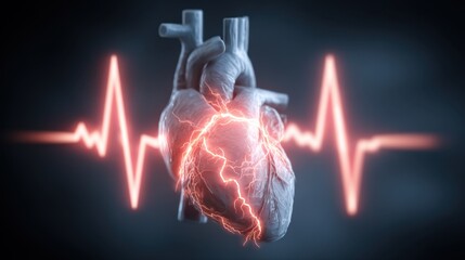 Heart with Cracked Surface and Electric Pulses on Background of EKG Line Representing Cardiac Health and Life Signals