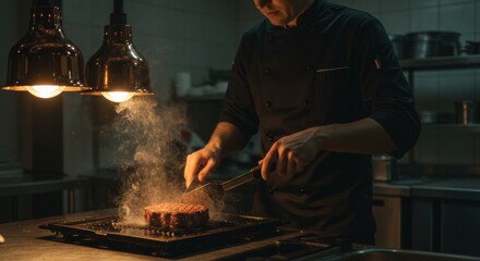 Culinary action chef grilling steak restaurant kitchen food dim lighting cooking techniques