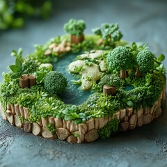 Miniature sculpted earth island, lush greenery,  detailed landscape