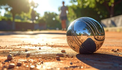 Shiny metal ball on terracotta court