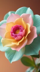 Fototapeta premium Realistic close-up of flower with translucent gradient petalsâ€”deep pink to peach, orange, yellow, teal edges; soft gradient background