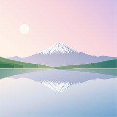 Naklejka premium 雪を被った冬の富士山と日の出と湖の風景のベクターイラスト