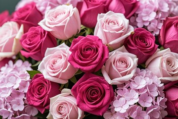 Fototapeta premium Dense floral wall featuring pink and rose-colored roses and hydrangeas, slightly adjusted for warmer tones, 70% similarity to original