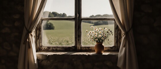 vintage window with sheer curtains and wildflowers on a wooden sill | cottagecore, rustic, vintage, home decor, countryside theme