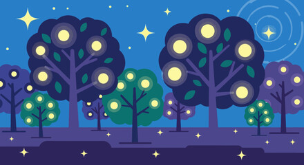 Trees with glowing fruit at night, a magical forest scene.
