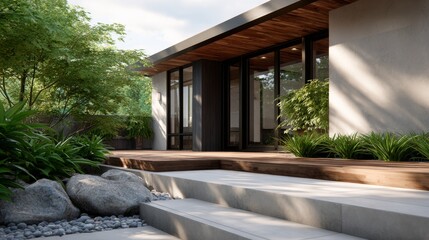 A modern home exterior featuring large windows, wooden accents, and lush greenery, creating a harmonious blend with nature.