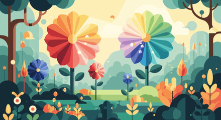 Two large colorful flowers with rainbow petals stand tall in a vibrant garden.