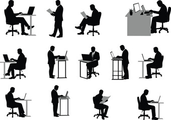 Office silhouette, business people, working at desk, laptop users, document reading, professional attire, productivity, black and white