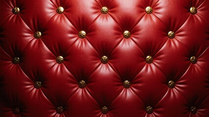 Fototapeta premium Realistic quilted red leather texture with darker red tones and antique brass buttons, featuring diamond tufting pattern and subtle vintage variations