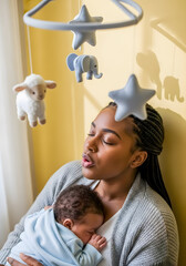 Obraz premium Gentle mother snuggling newborn baby to sleep under sweet animal mobile, a tender moment of love and peace in a sunny nursery