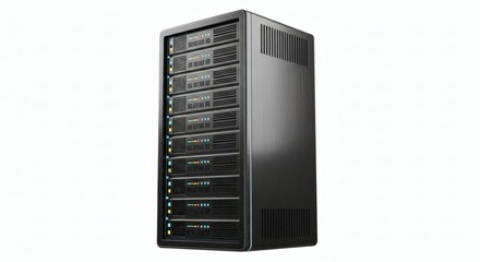 Modern server rack standing isolated on a white background, representing data storage, network infrastructure, and advanced computing technology in a professional IT environment
