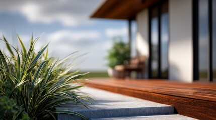 A serene outdoor scene showcasing a wooden deck, plants, and a cozy seating area, ideal for relaxation and enjoying nature.