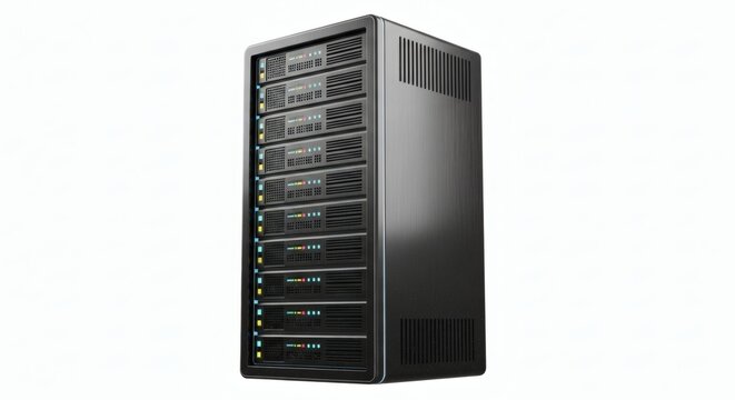 Modern server rack standing isolated on a white background, representing data storage, network infrastructure, and advanced computing technology in a professional IT environment - Powered by Adobe
