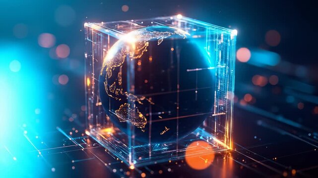 Abstract Earth Globe Encased in a Digital Cube with Glowing Network Data