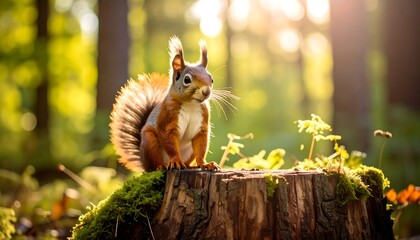 Red squirrel perched on mossy tree stump, sunlight