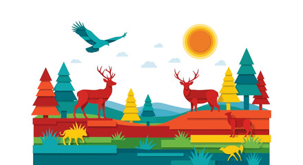 Vibrant Wildlife Scene - Deer, Eagle, and Colorful Forest Illustration.