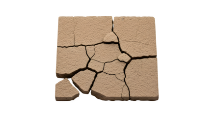 Cracked earth texture isolated on transparent background, showing a dry, arid surface with multiple fissures and fragments, symbolizing drought and environmental issues