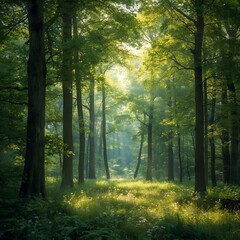 Obraz premium Peaceful Forest with Sunlight Filtering Through Trees – Vibrant Woodland Landscape