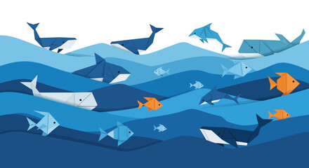 Whales and Fish Swimming in a Blue Ocean Illustration.