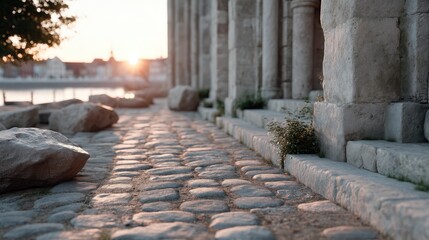 Ancient Stone Ruins at Sunset with Golden Light in Coastal Setting
