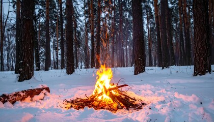 Campfire burning brightly in a snowy pine forest at dusk