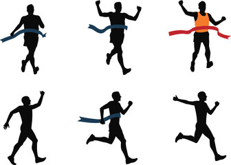 Running silhouette, finish line, race victory, athletic pose, celebration moment, sports competition, black and white, motion