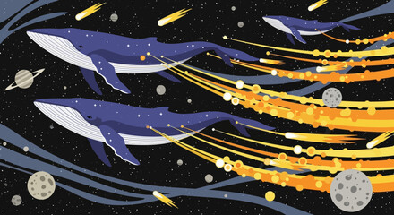 Whales soaring through a cosmic ocean of stars and planets.